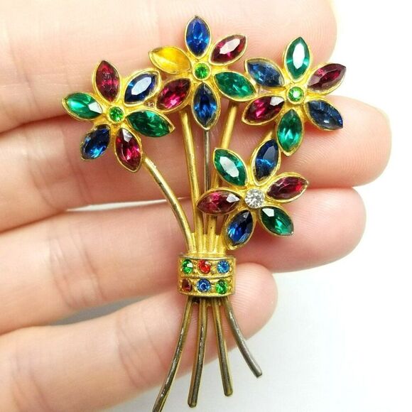 Vintage Jewelry - Vintage Colorful Rhinestone Jewel Tone Floral Flower Brooch, Boquete Pin